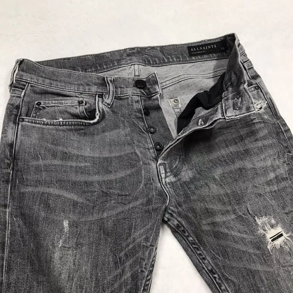 ALL SAINTS Raveline Cigarette Jean Men 30x32 Gray Distress Taper Stretch Denim